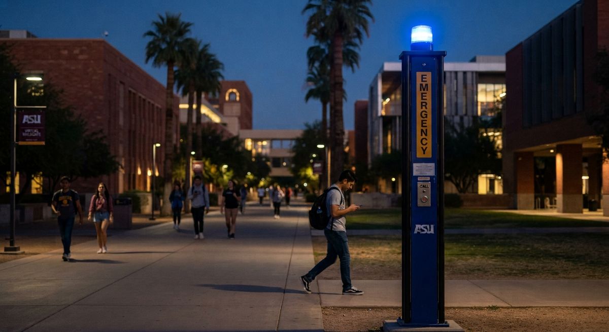 Illustration: students walking past an emergency call box on a campus at night